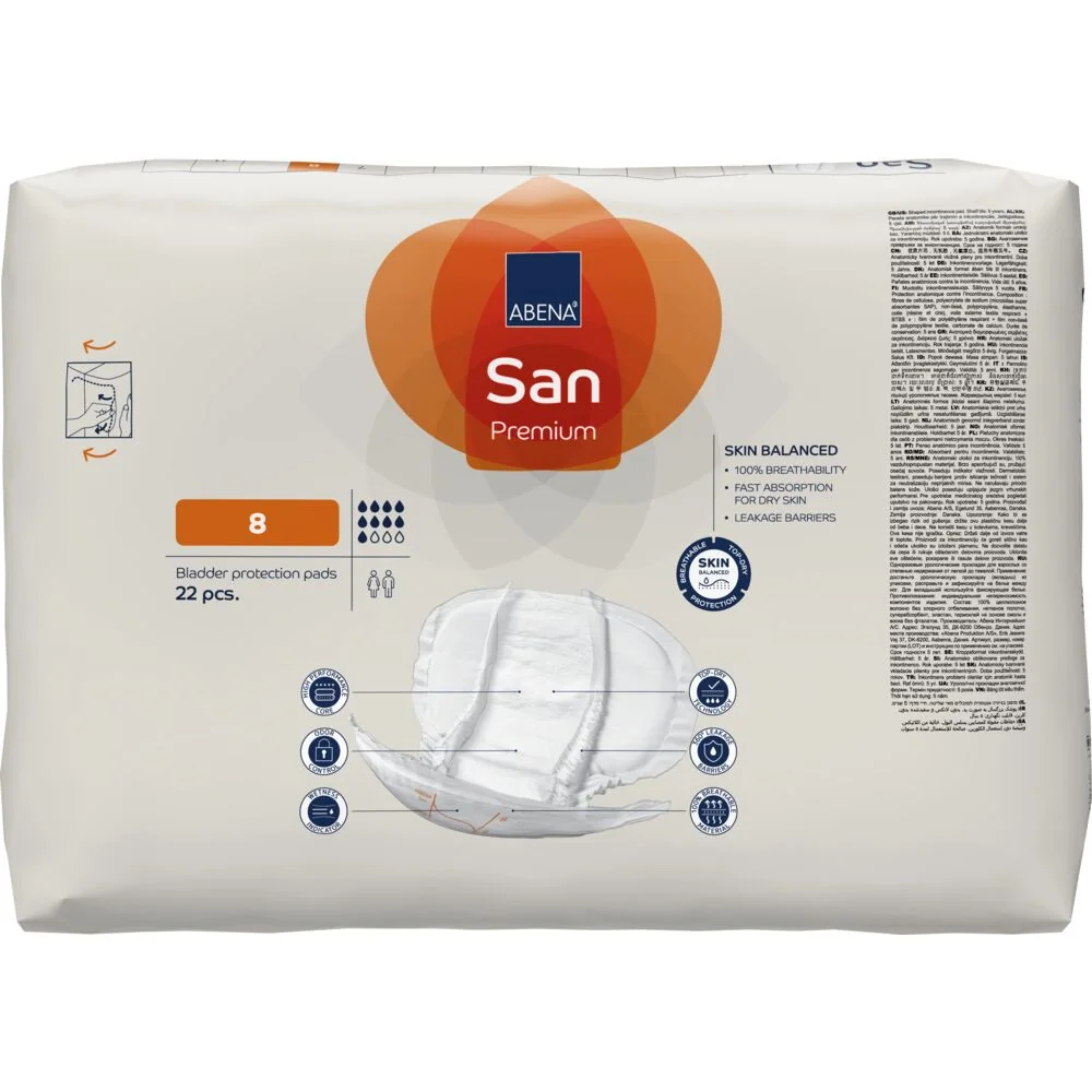 Absorbante anatomice pentru incontinenta moderata pana la severa San 8 Premium unisex cu absorbtie 2500ml, 22 bucati, Abena