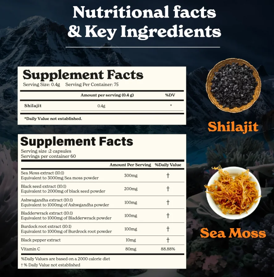 BetterAlt® Shilajit Sea Moss cu Alge Marine Ashwagandha si Tongkat Ali, 120 capsule, GNC