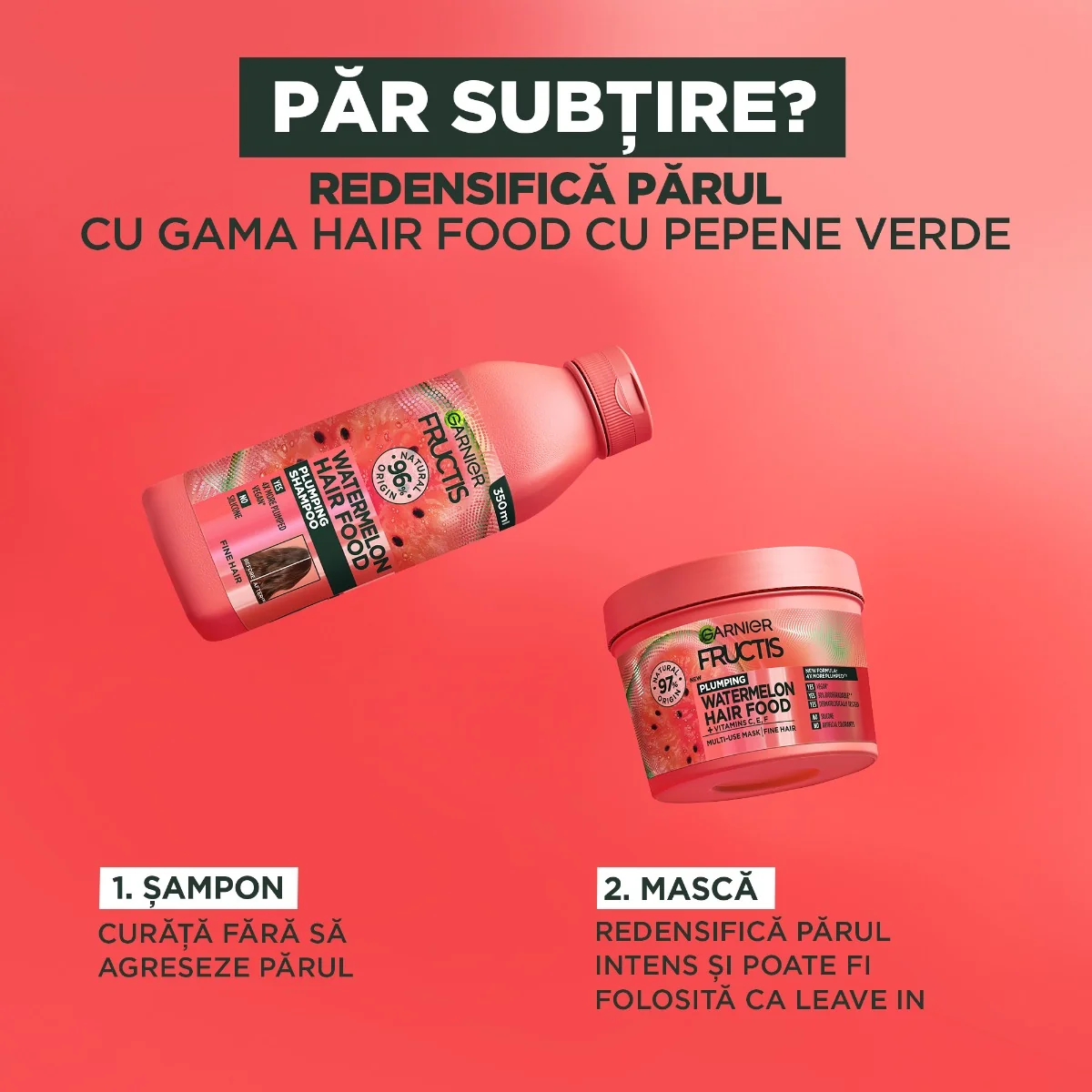 Masca redensificatoare pentru parul subtire Hair Food Pepene Verde, 390ml, Fructis