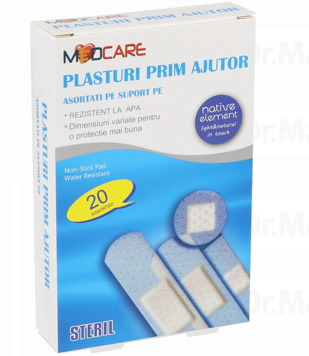 Plasturi sterili asortati pentru prim-ajutor, 20 bucati, Medcare