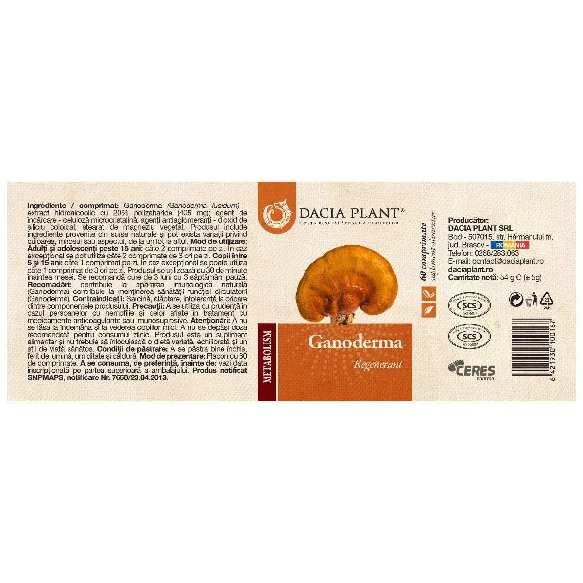 Ganoderma, 60 comprimate, Dacia Plant