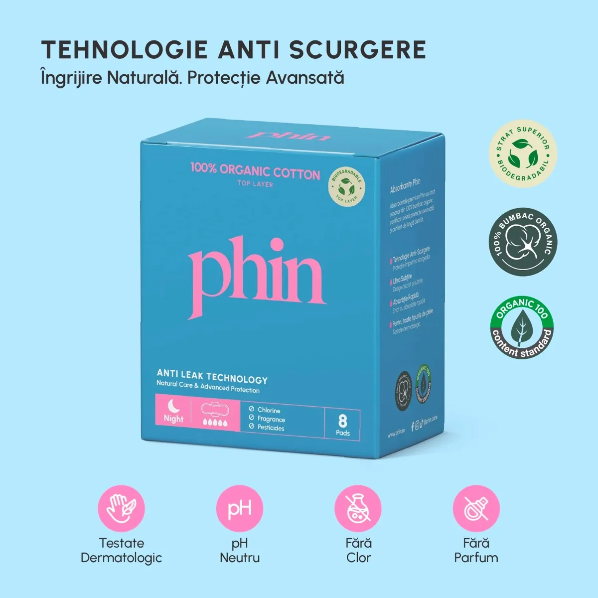 Absorbante pentru noapte din bumbac organic, 8 bucati, Phin