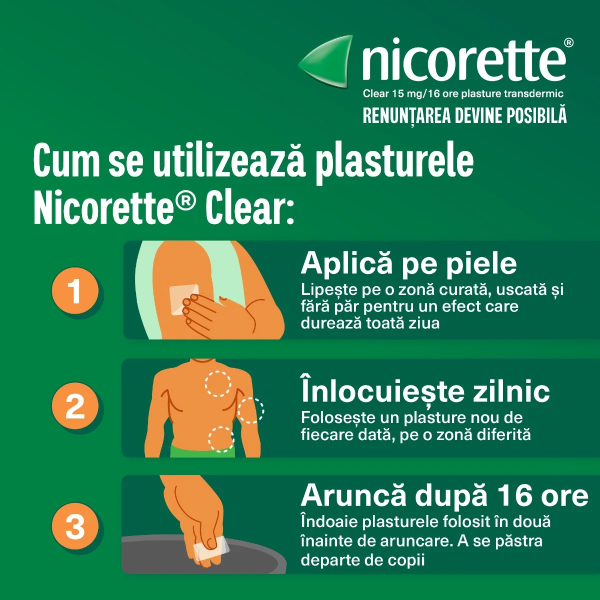 Nicorette® Clear 15mg/16h plasture transdermic, 7 plasturi, Johnson&Johnson