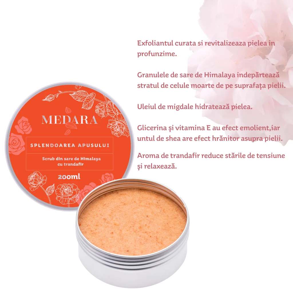 Scrub cu sare de Himalaya si trandafir Splendoarea Apusului, 200ml, Medara