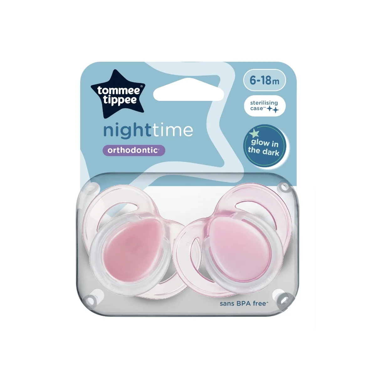 Suzeta ortodontica de noapte care lumineaza in intuneric 6-18 luni Roz, 2 bucati, Tommee Tippee 