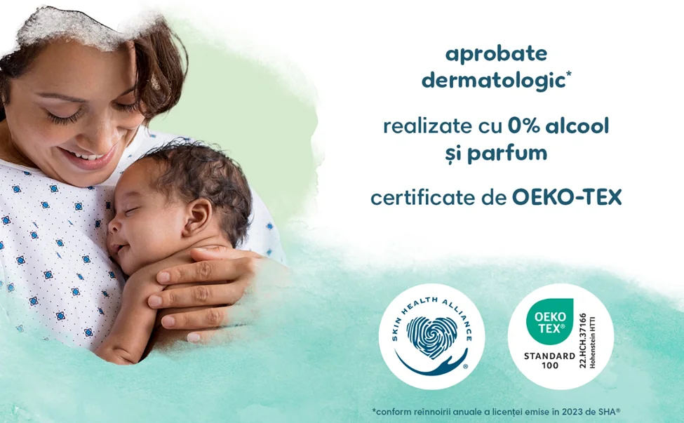 Mama tinand in brate un nou-nascut, alaturi de informatii despre servetele aprobate dermatologic, fara alcool si parfum, certificate OEKO-TEX. Mama tinand in brate un nou-nascut, alaturi de informatii despre servetele aprobate dermatologic, fara alcool si parfum, certificate OEKO-TEX.