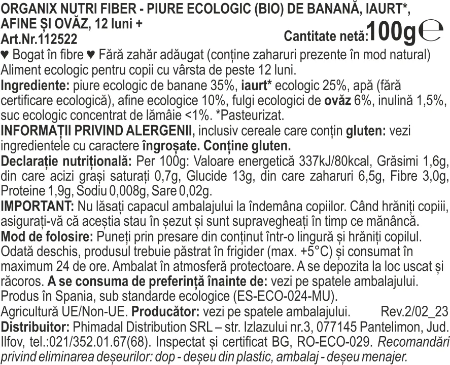 Piure eco nutrifiber cu iaurt, afine, banane si ovaz +12 luni, 100g, Organix 