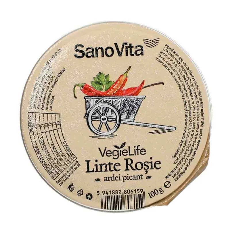 Pasta vegetala tartinabila din linte rosie cu ardei picant VegieLife, 100g, SanoVita