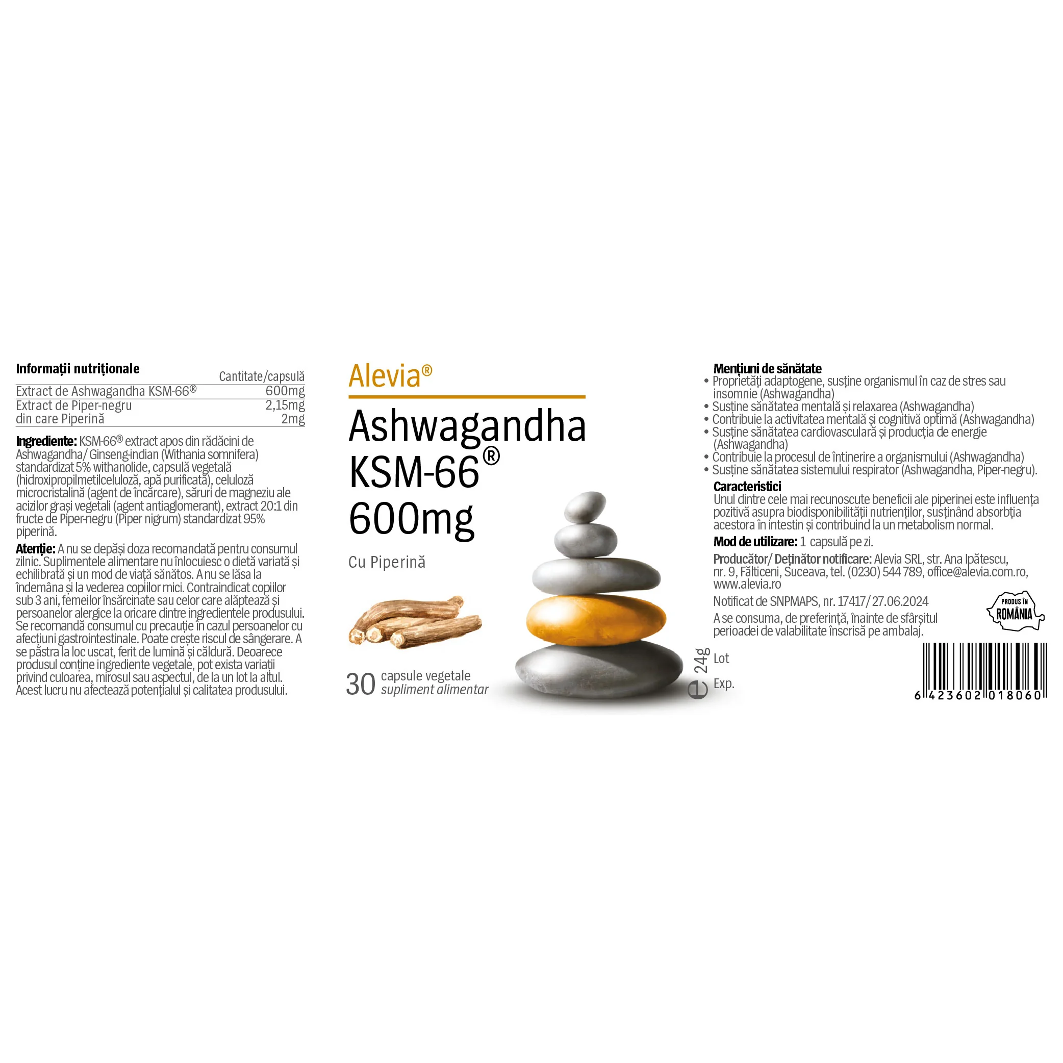 Ashwagandha KSM-66, 600mg, 30 capsule vegetale, Alevia 