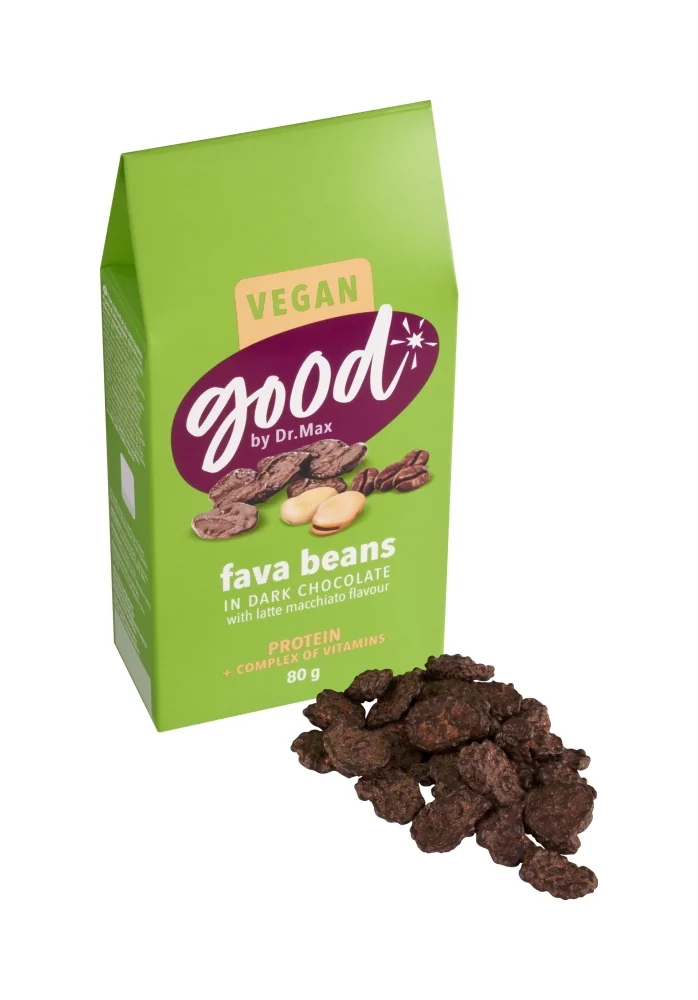 Good by Dr. Max® Fasole Fava in ciocolata neagra cu aroma de Latte Macchiato, 80g