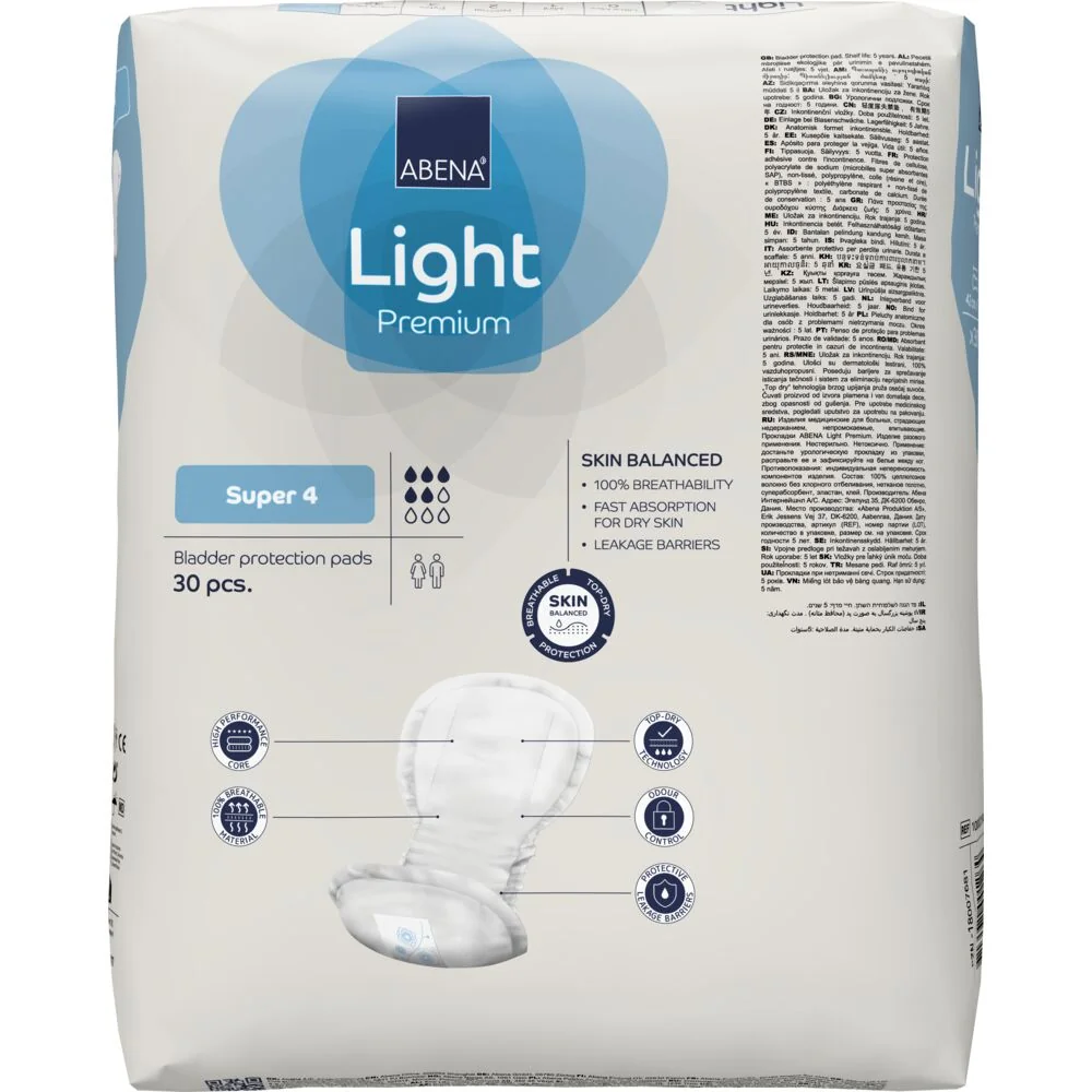Absorbante anatomice pentru incontinenta moderata Premium Light Super 4 cu absorbtie 850ml, 30 bucati, Abena