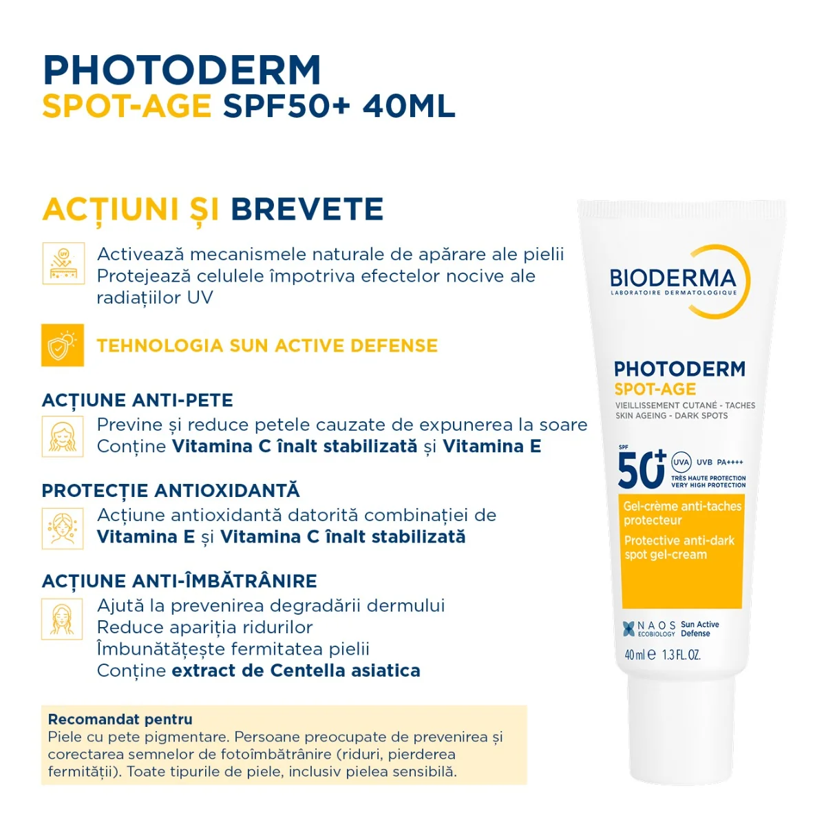 Gel-crema cu efect antioxidant impotriva petelor brune Photoderm Spot-Age SPF 50+, 40ml, Bioderma