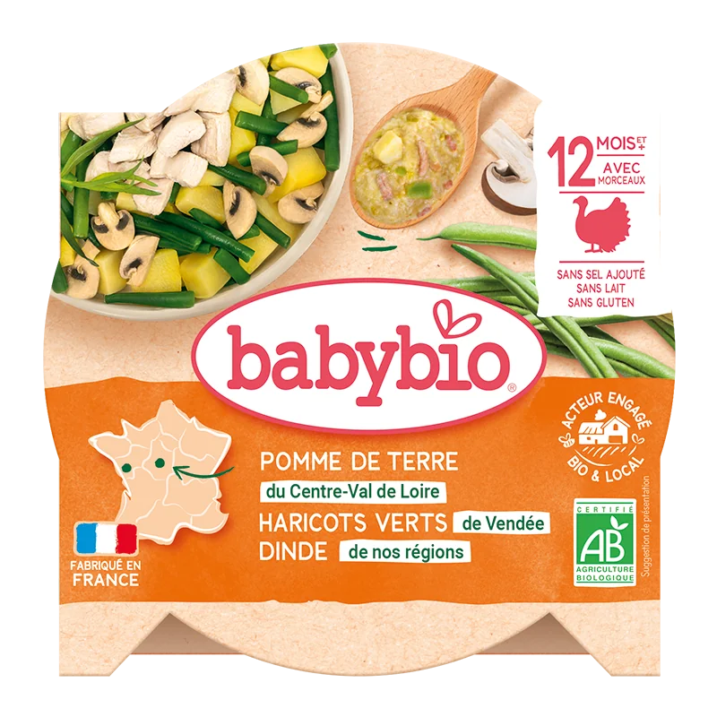 Meniu morcovi, fasole verde si felii de curcan Bio, 230g, BabyBio