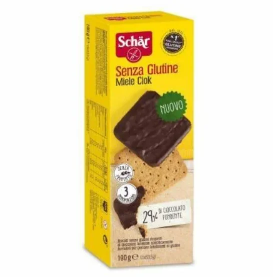 Biscuiti crocanti cu miere si glazura de ciocolata neagra fara gluten Miele, 190g, Schar