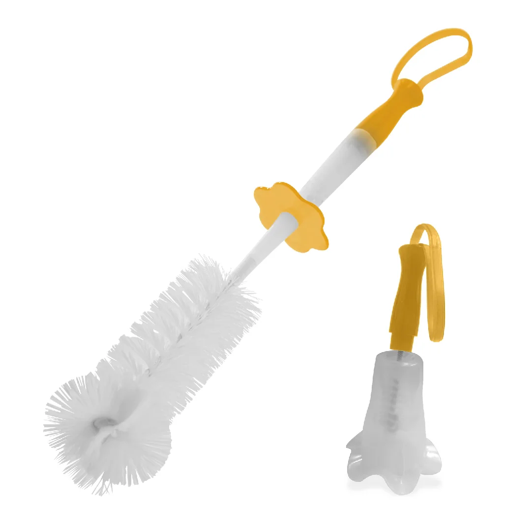 Set perie pentru curatarea biberonului si tetinei cu suport galben, 1 bucata, PUR
