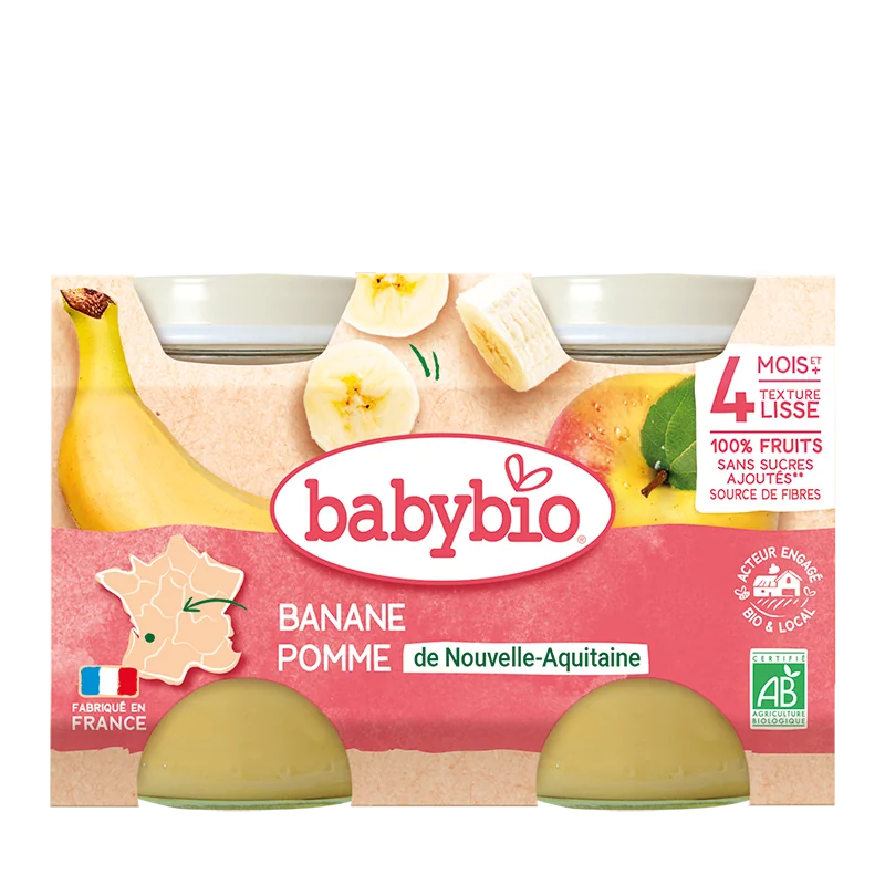 Piure de mere si banane Bio, 2 x 130g, BabyBio