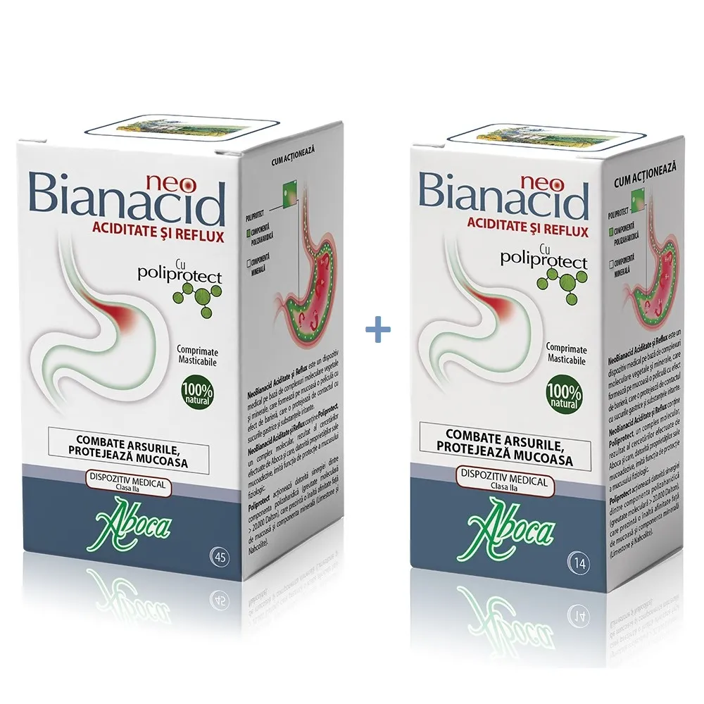 Pachet NeoBianacid cu poliprotect pentru aciditate și reflux, 45 comprimate + 14 comprimate, Aboca
