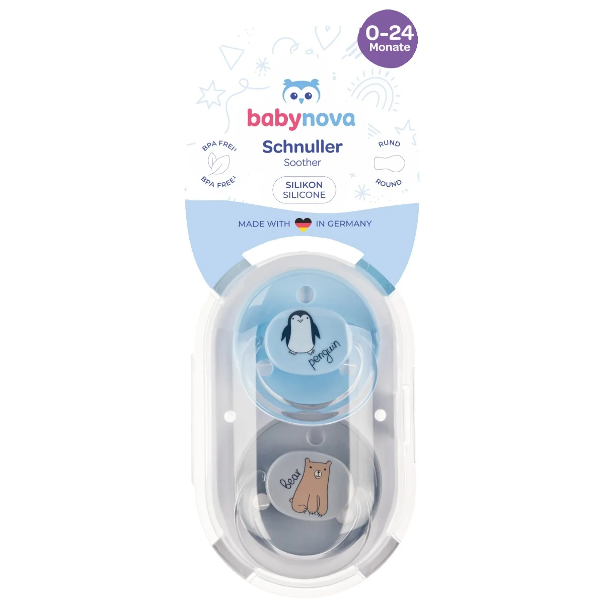 Suzete rotunde decorate multicolore cu inel + steribox 20009, 2 bucati, Baby Nova
