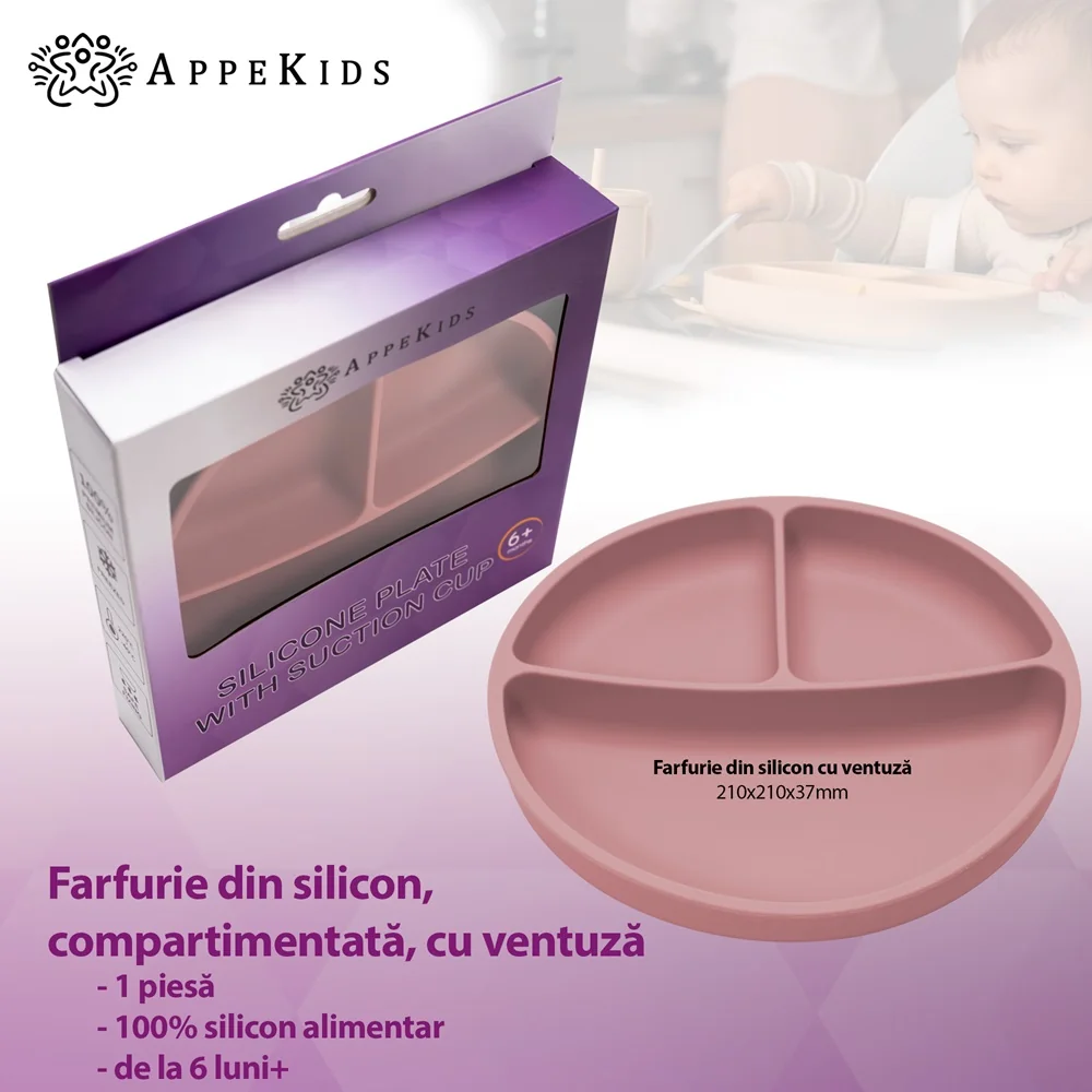 Farfurie compartimentata din silicon cu ventuza Old Rose 6 luni+, 1 bucata, Appekids