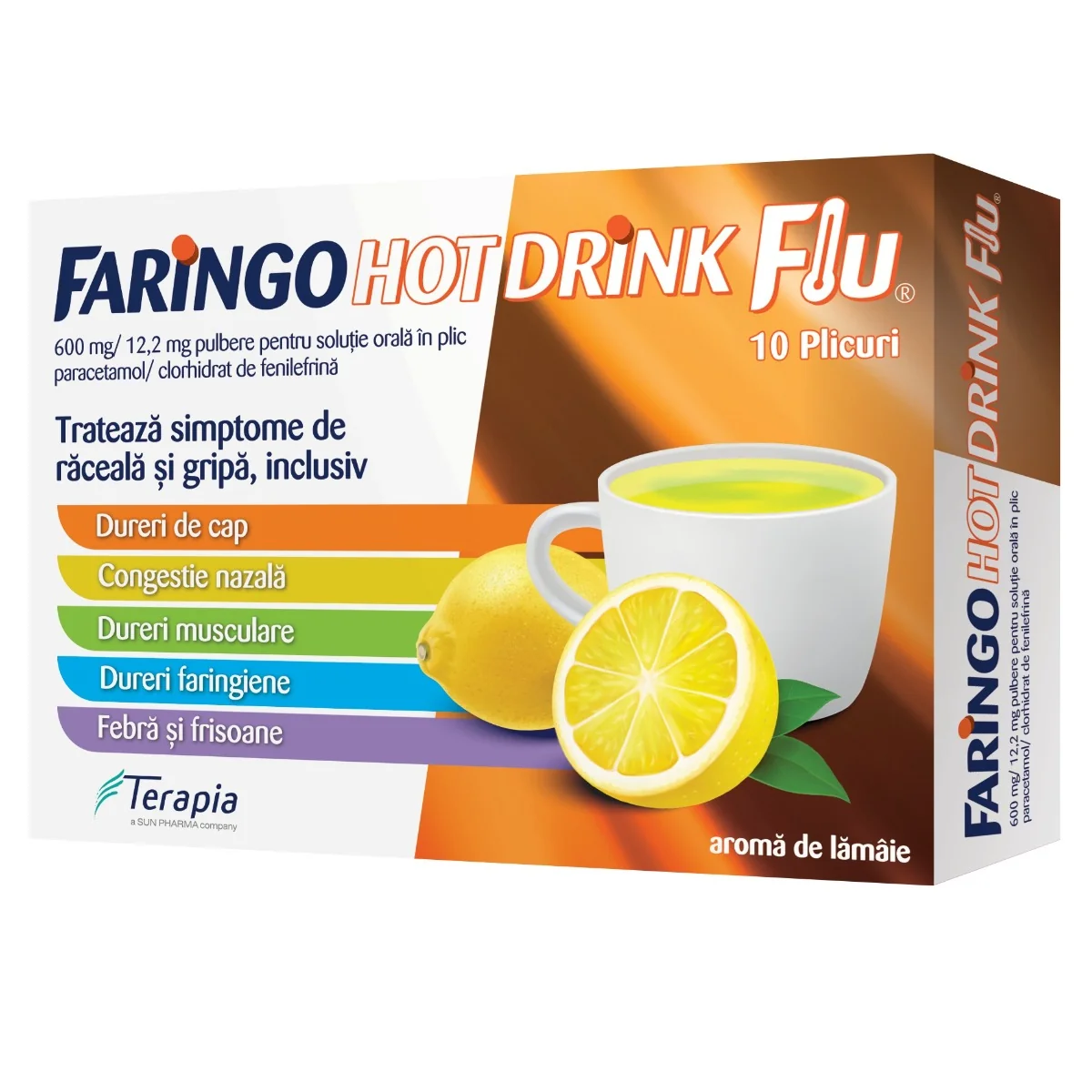 Faringo Hot Drink Flu 600mg/12, 2mg pulbere pentru solutie orala, 10 plicuri, Terapia