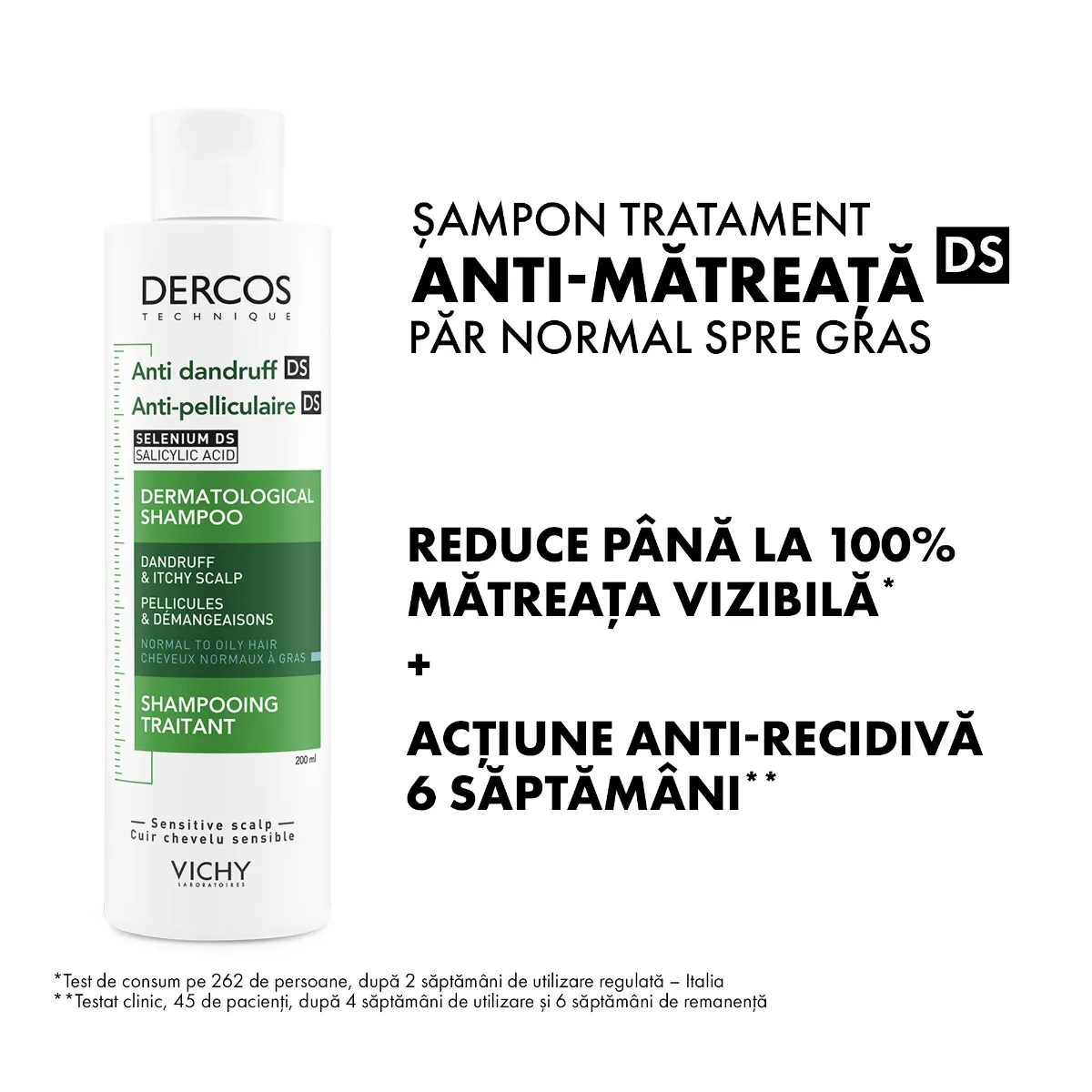 Sampon anti-matreata pentru par normal-gras Dercos, 200ml, Vichy 