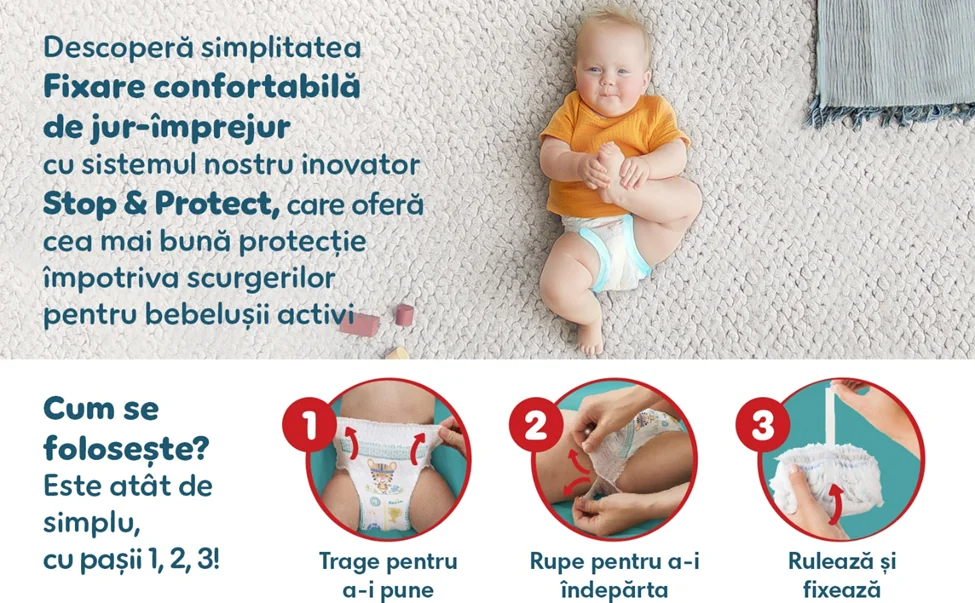 Pampers Active Baby Pants cu sistem Stop & Protect si utilizare usoara in trei pasi pentru protectie impotriva scurgerilor. Pampers Active Baby Pants cu sistem Stop & Protect si utilizare usoara in trei pasi pentru protectie impotriva scurgerilor.