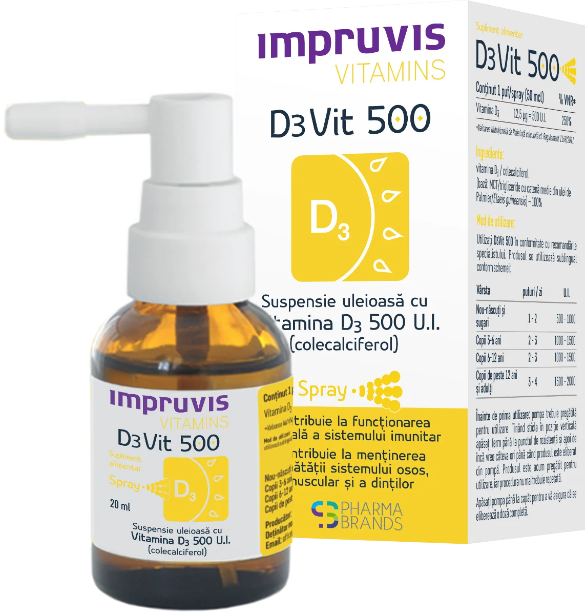 Suspensie uleioasa cu Vitamina D3 D3Vit 500, 20ml, Pharma Brands