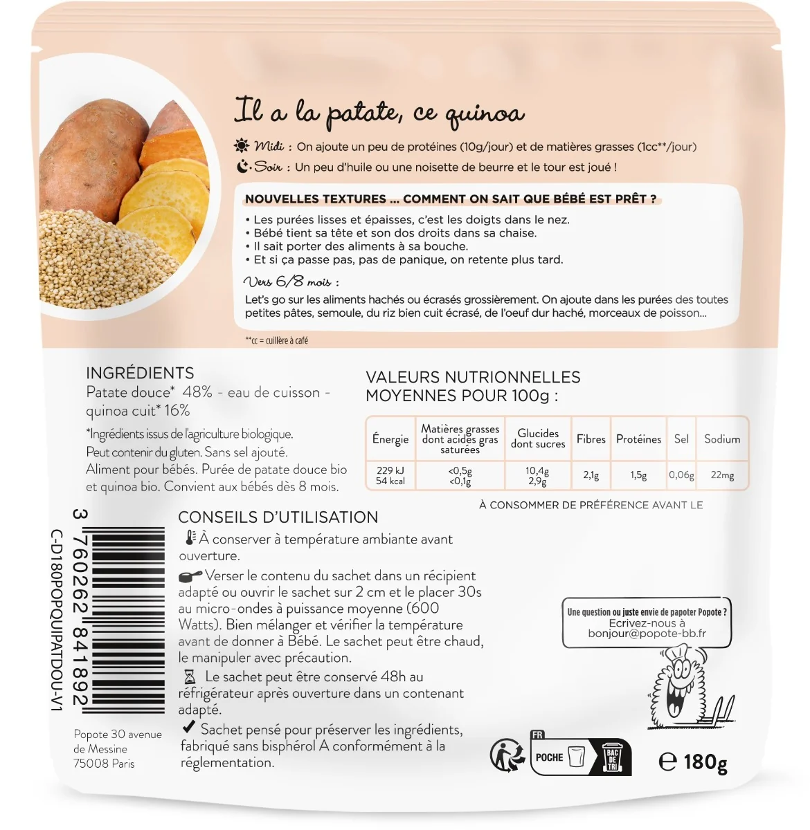 Mancare bio cu cartofi dulci si quinoa 8 luni+, 180g, Popote