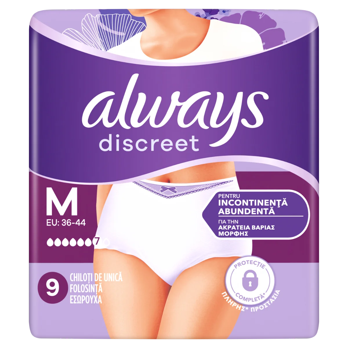 Chiloti pentru incontinenta urinara Discreet 7 picaturi M, 9 bucati, Always