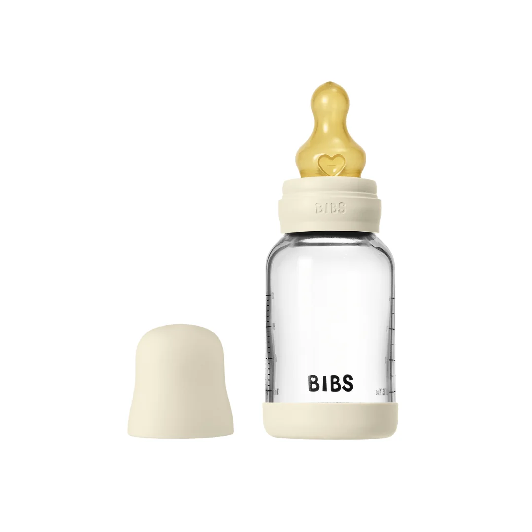 Set complet biberon din sticla anticolici cu tetina din latex flux lent Ivory, 120ml, Bibs