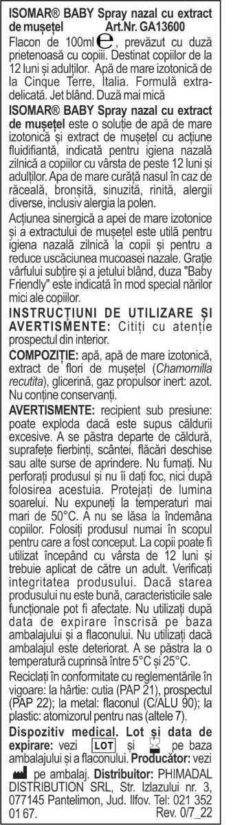 Spray nazal cu apa de mare izotonica si musetel Spray Baby 12+, 100ml, Isomar