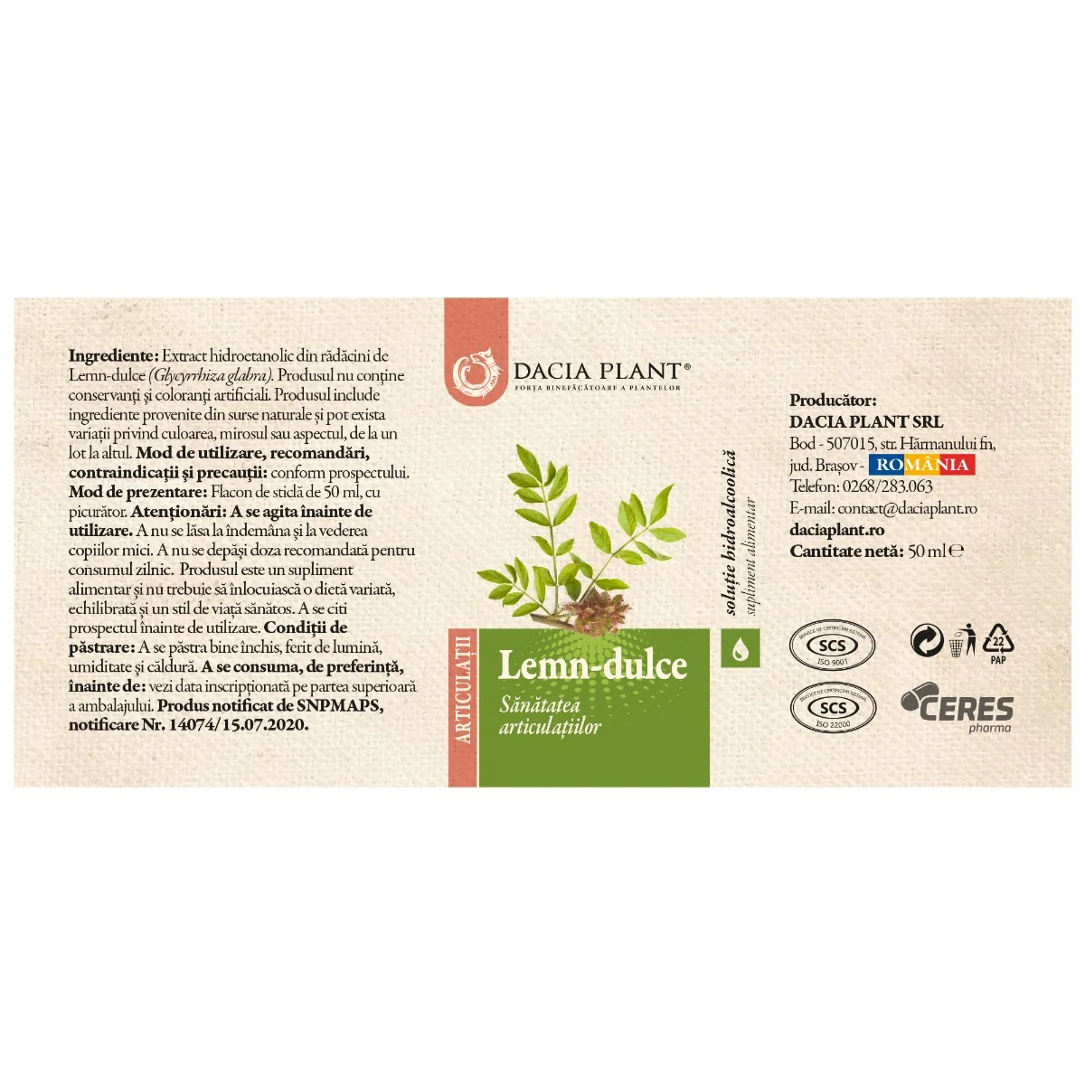 Tinctura de lemn dulce, 50ml, Dacia Plant
