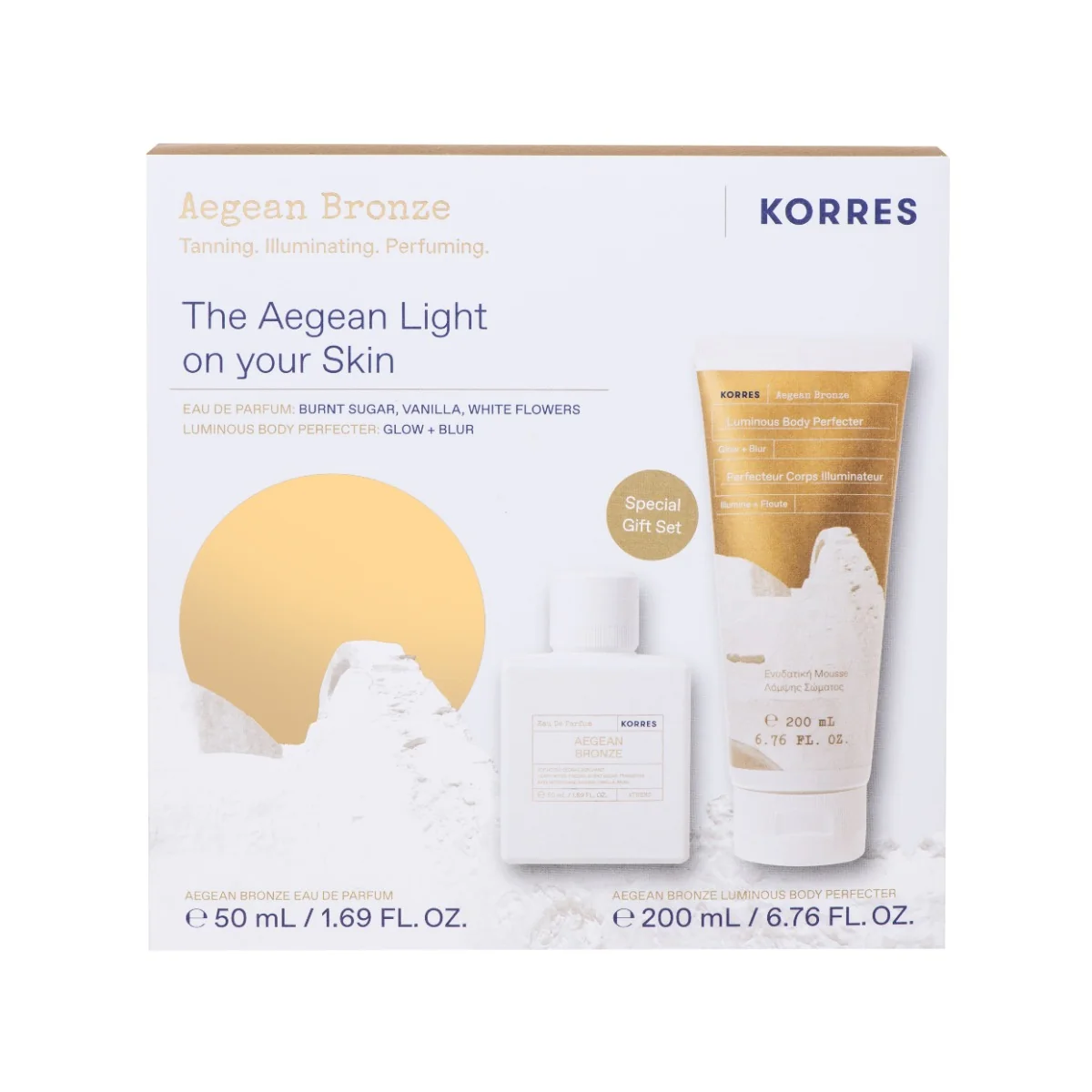 Pachet Aegean Bronze Apa de parfum 50ml + Spuma autobronzanta iluminatoare 200ml, Korres