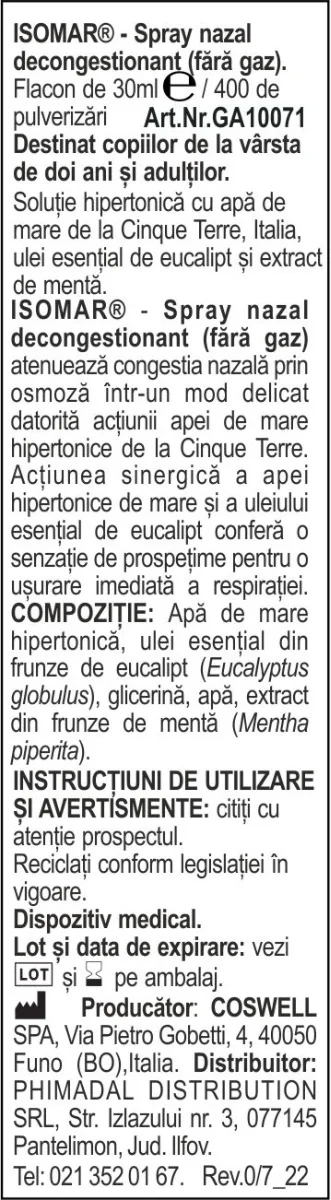 Spray decongestionant pentru nas fara gaz Isomar 24+, 30ml, Euritalia