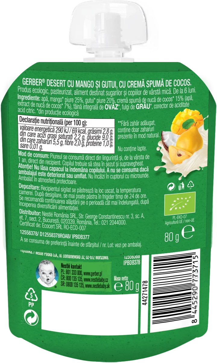 Pouch din mango si gutui Bio de la 6 luni, 80g, Gerber