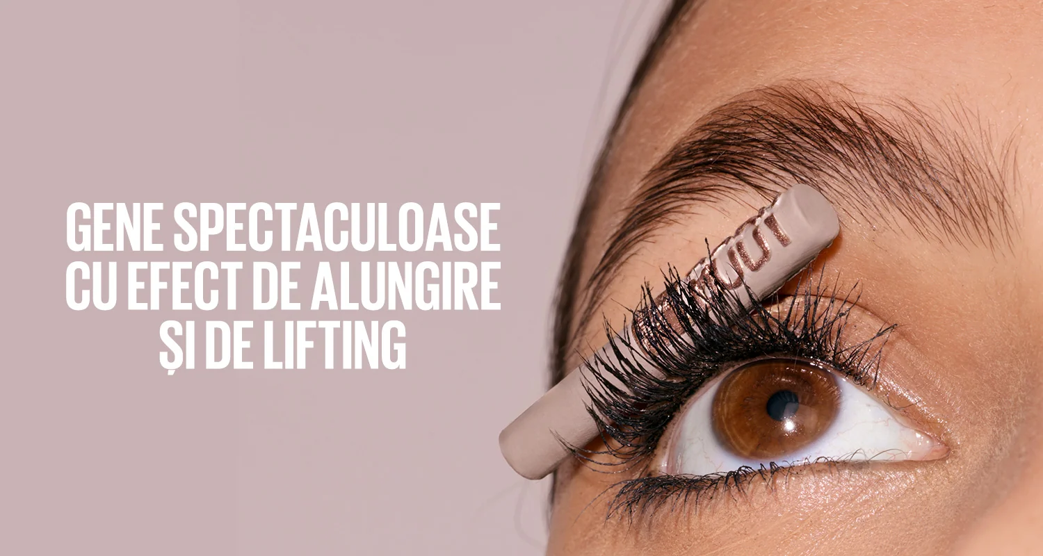 Gene spectaculoase cu efect de alungire si lifting, evidentiind aplicarea mascarei. Gene spectaculoase cu efect de alungire si lifting, evidentiind aplicarea mascarei.