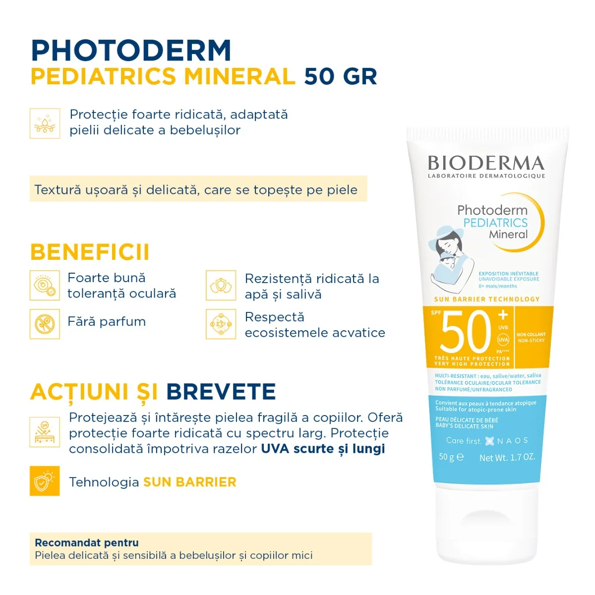 Fluid cu protectie solara SPF 50+ pentru copii Photoderm Pediatrics Mineral, 50g, Bioderma