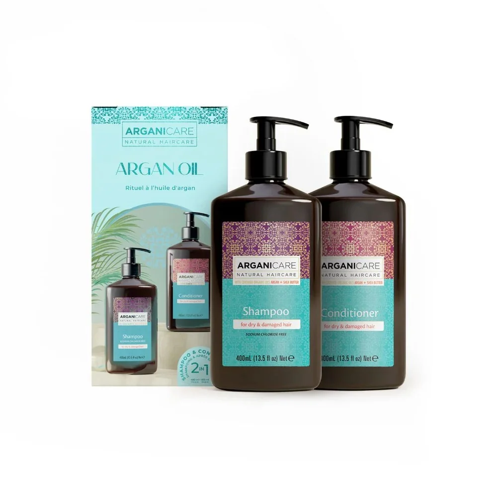 Set Sampon & Balsam Ulei de Argan si Unt de Shea pentru par uscat sau deteriorat, 2x400ml, Aganicare
