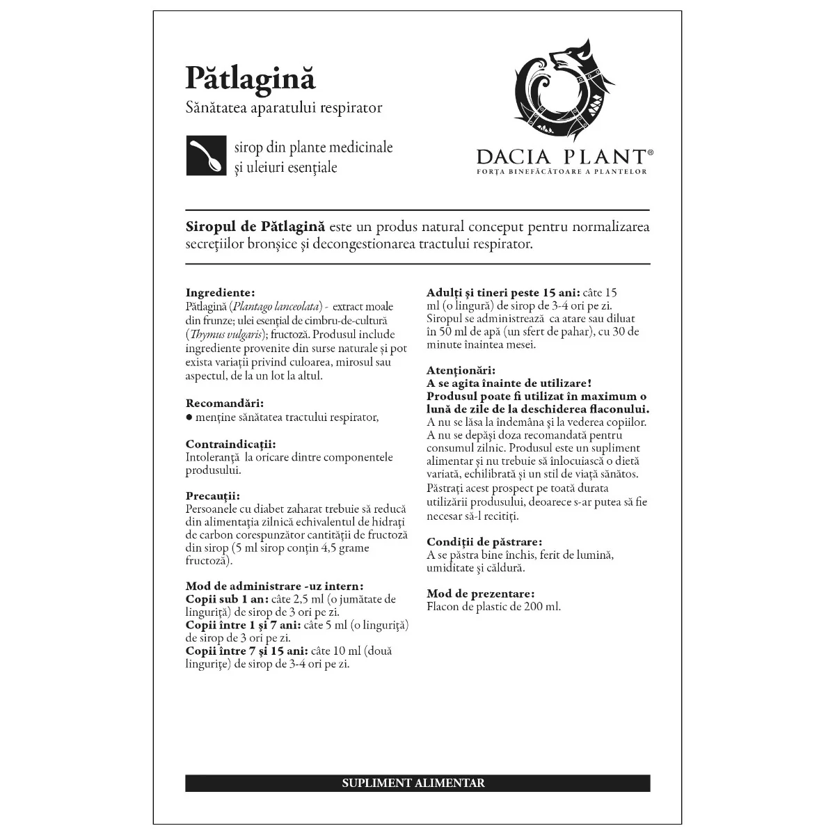 Sirop de patlagina, 200ml, Dacia Plant