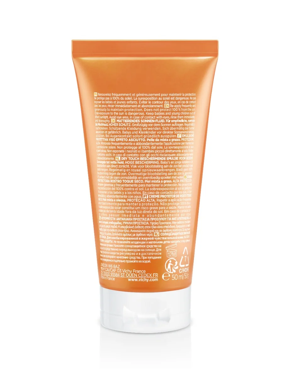 Emulsie matifianta cu protectie solara SPF 50+ pentru fata cu efect anti-stralucire pentru ten gras-mixt Capital Soleil Dry Touch, 50ml, Vichy
