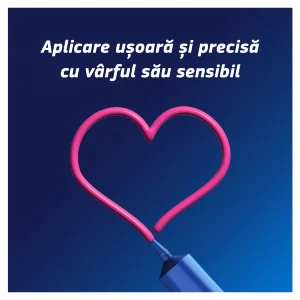 Fixodent, tub albastru creand o inima roz, ilustrand aplicarea precisa a adezivului dentar. Fixodent, tub albastru creand o inima roz, ilustrand aplicarea precisa a adezivului dentar.