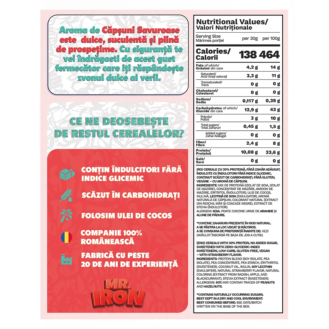 Cereale cu 30% proteina fara zahar low-carb gluten free si vegane Capsuni si Mar, 250g, Mr. Iron