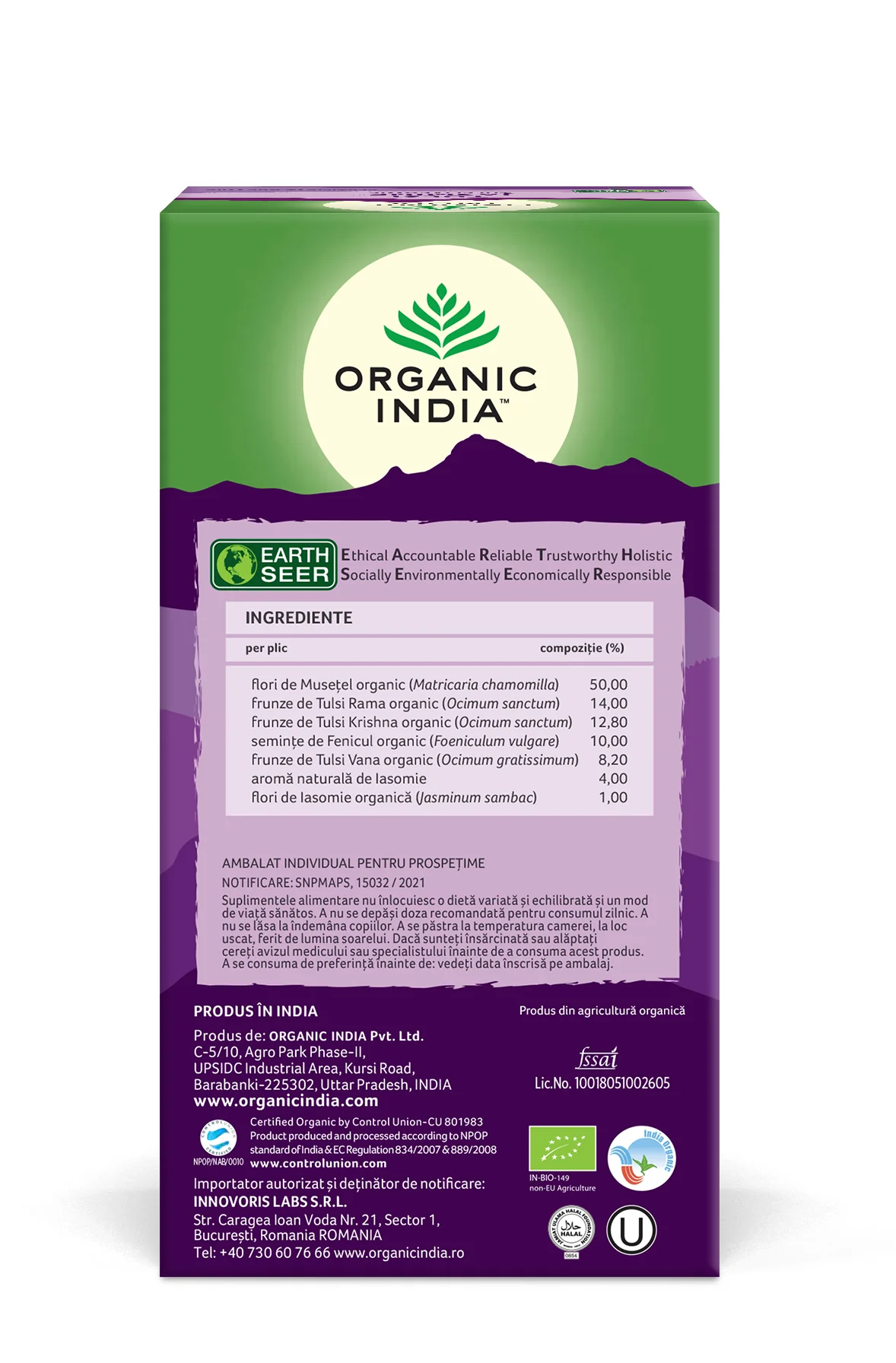 Ceai iasomie Adaptopgen Tulsi, 25 plicuri, Organic India