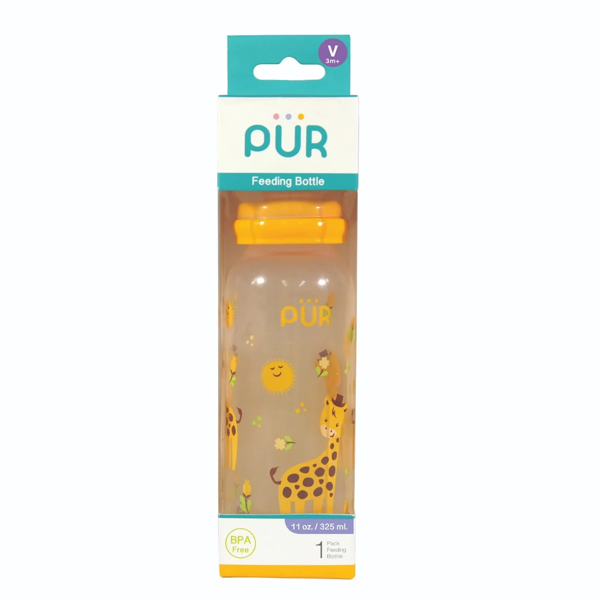 Biberon cu desen galben +3 luni, 325ml, PUR
