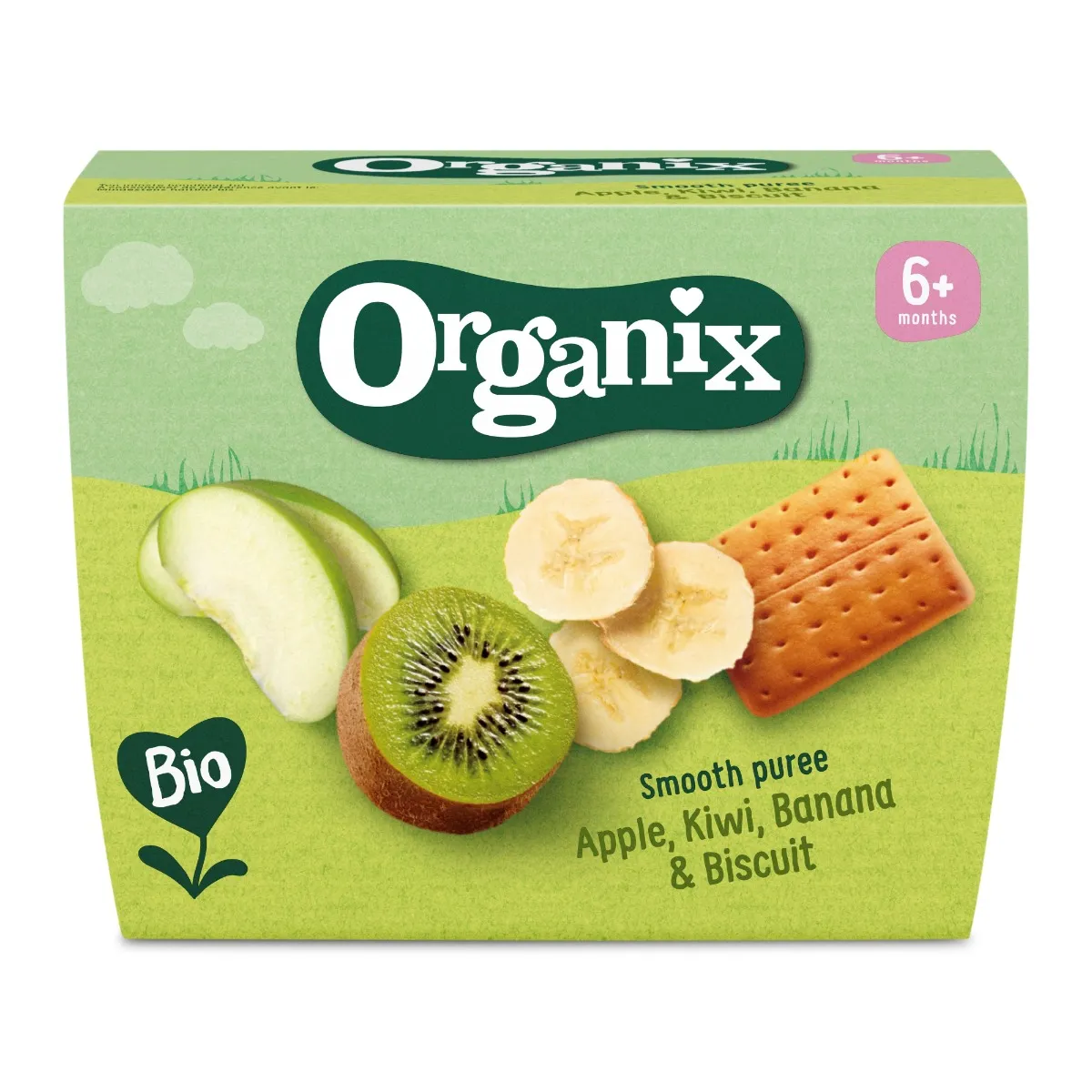 Piure eco de mere, kiwi, banane si biscuiti +6 luni, 4x100g, Organix