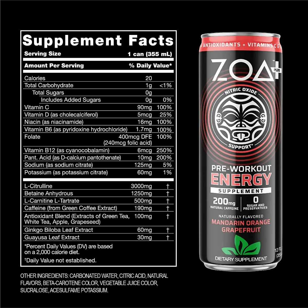 Bautura Energizanta Pre-Antrenament cu aroma de mandarine si grapefruit, 355ml, GNC ZOA+ Pre-Workout