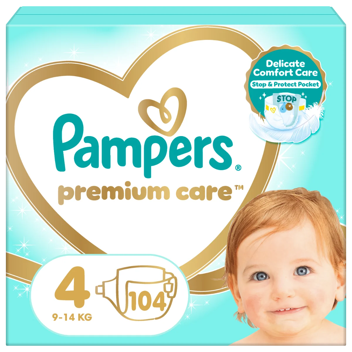 Scutece Premium Care Nr.4 pentru 9-14 kg, 104 bucati, Pampers