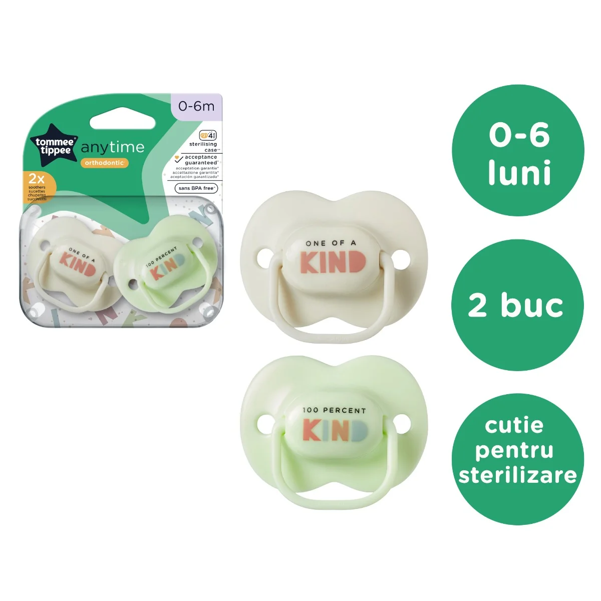 Suzeta ortodontica pentru 0-6 luni Anytime Alb/Verde, 2 bucati, Tommee Tippee