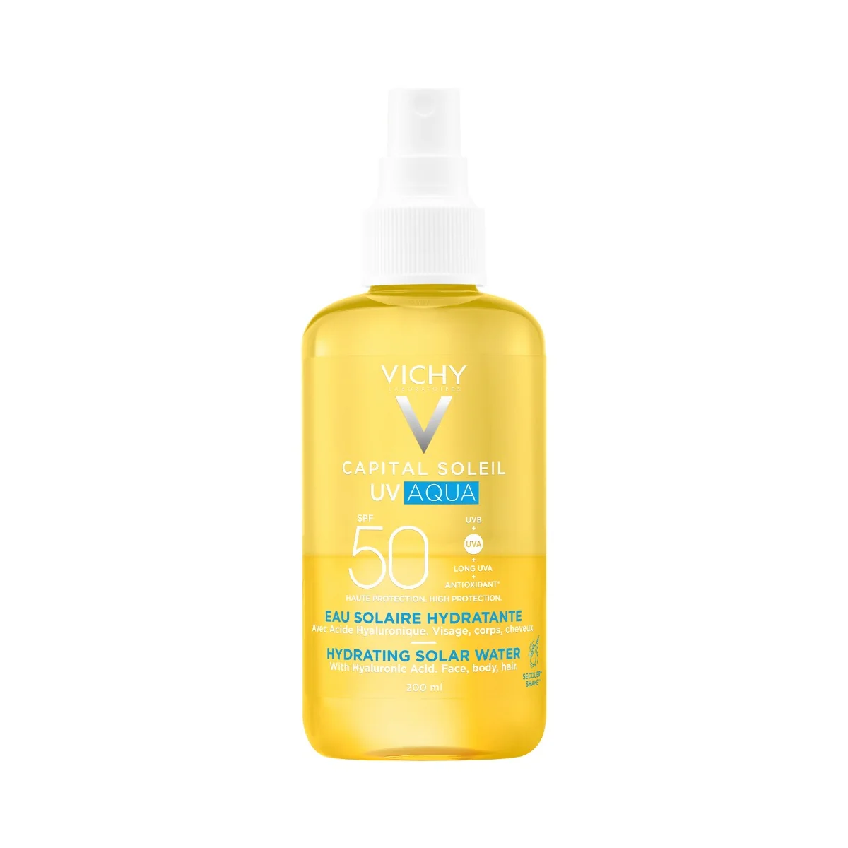 Apa de protectie solara SPF 50 pentru fata si corp cu acid hialuronic Hydra Capital Soleil, 200ml, Vichy