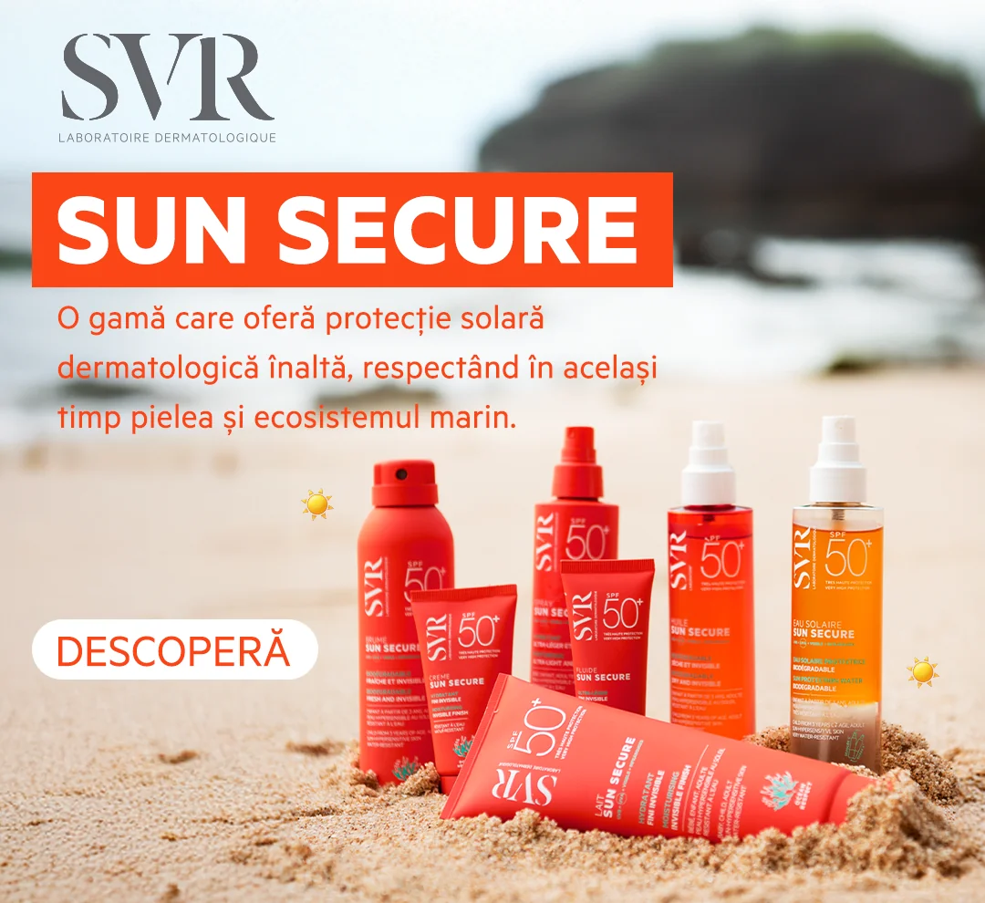 SVR - Sun Secure - O gama care ofera protectie solara dermatologica inalta, respectand in acelasi timp pielea si ecosistemul marin. SVR - Sun Secure - O gama care ofera protectie solara dermatologica inalta, respectand in acelasi timp pielea si ecosistemul marin.